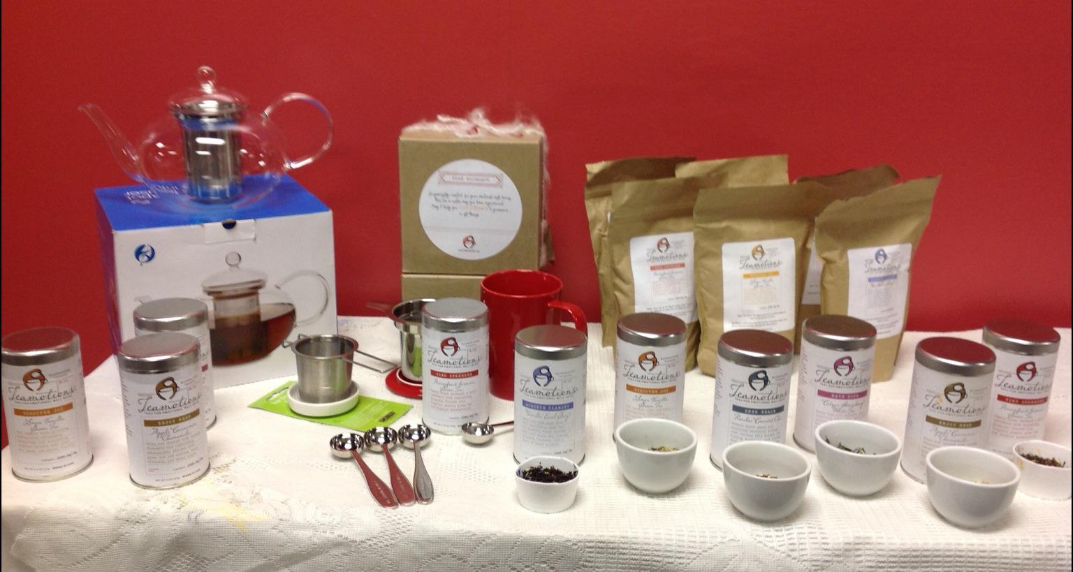 an array of teas from teamotions is spread on a table. support your emotional health through crisis and more