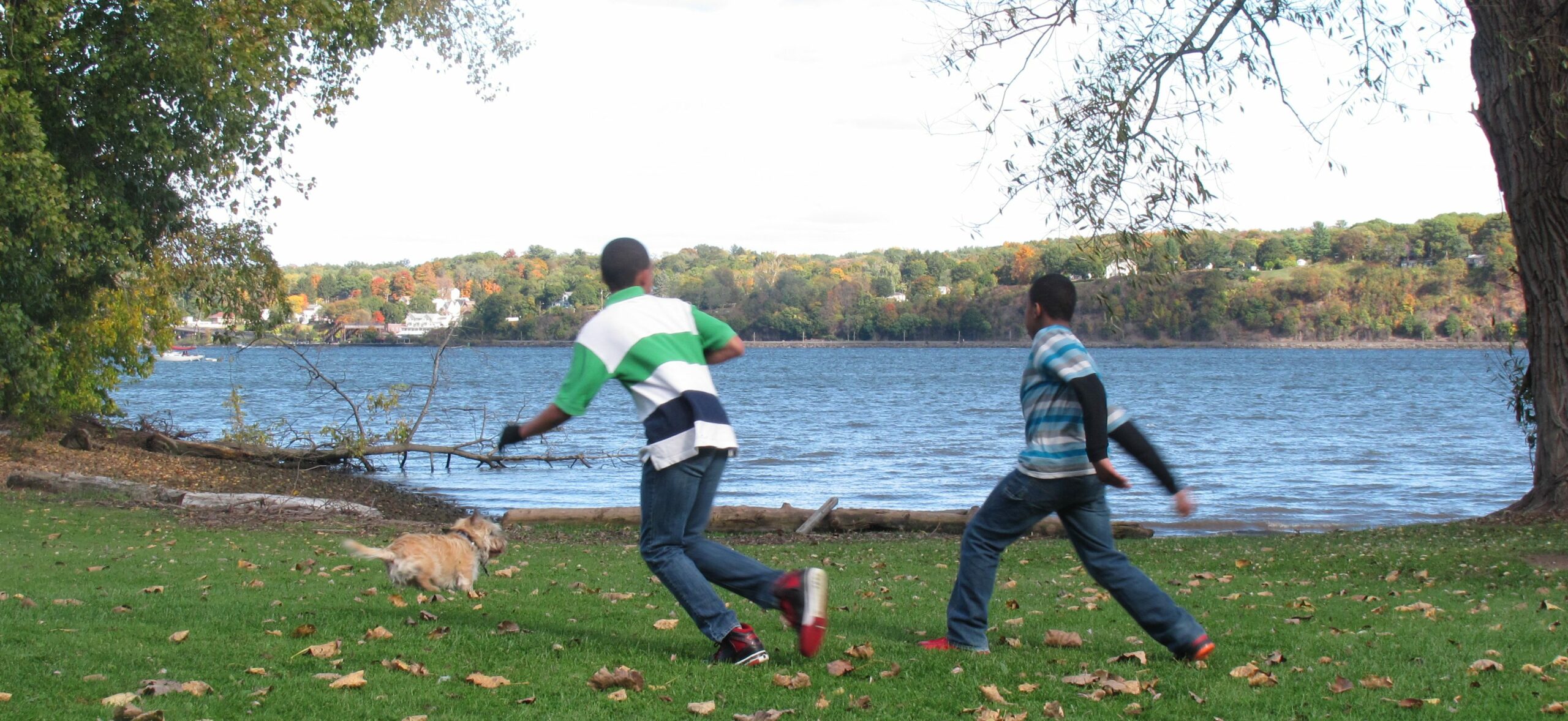 two young, Black boys run and play along a verdant riverbank with a dog. In kind donations to Astor Services promote such joy.
