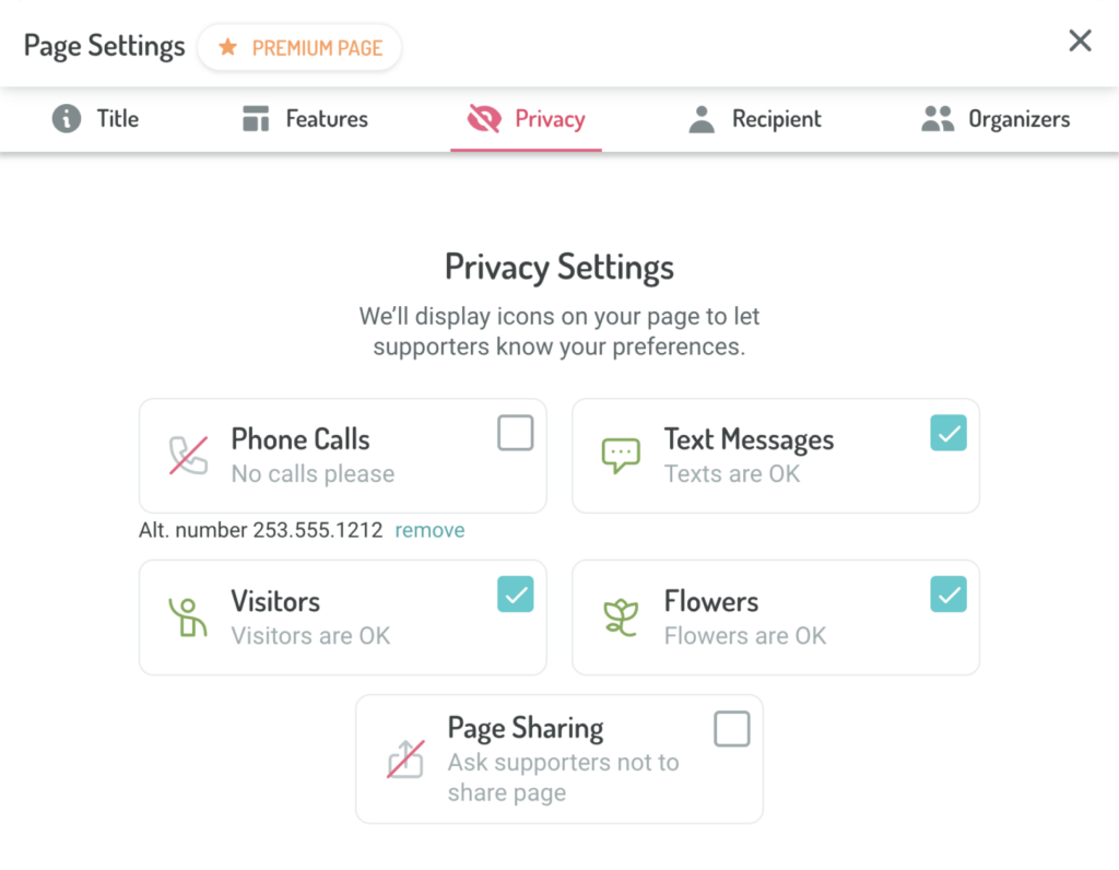 screenshot of the Privacy Settings area of an InKind Page. Privacy settings include Phone Calls, Text Messages, Visitors, Flowers, and Page Sharing
