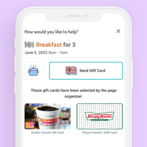 an iphone displays a Care Calendar sign up while a person is selecting to send a gift card for a breakfast request. what is a meal train