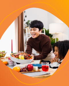 a person smiles while presenting a large dish of fresh food across the dining table. Friends and family sharing a hearty meal. What is a meal train