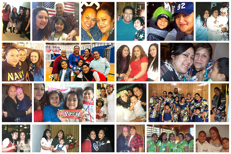 A photo collage of Hana and her beautiful family. Smiling with her sisters, embracing her children, dressed in Puletasi and 'Ie Faitaga for a family portrait.