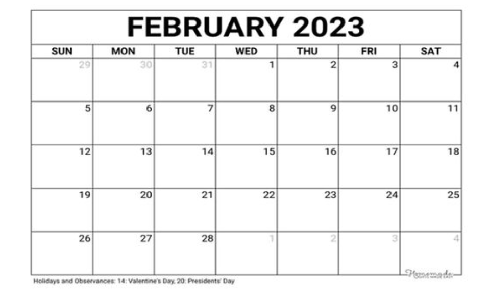large print february calendar page