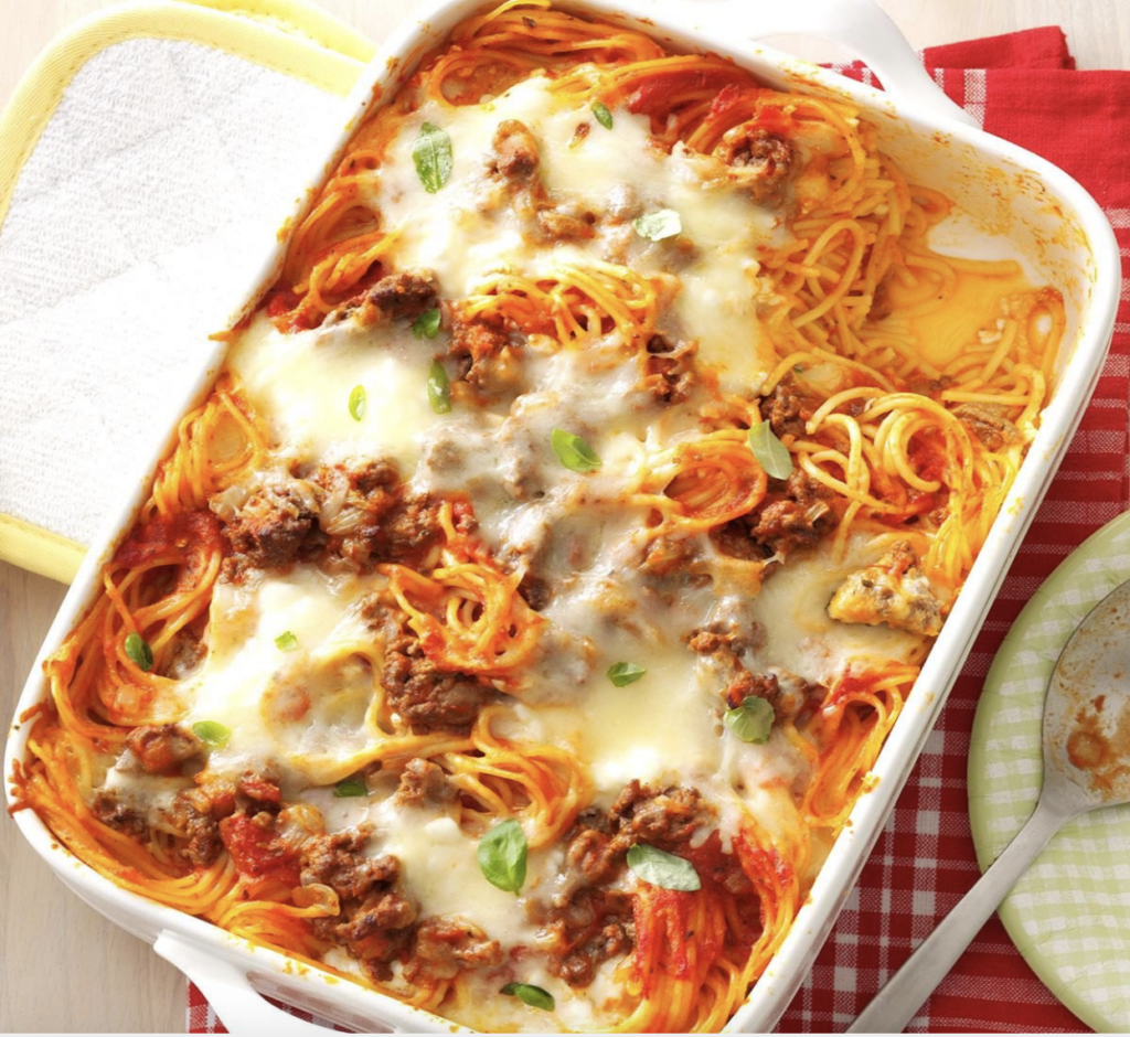hot spaghetti casserole. include in a meal train to support someone with chronic illness