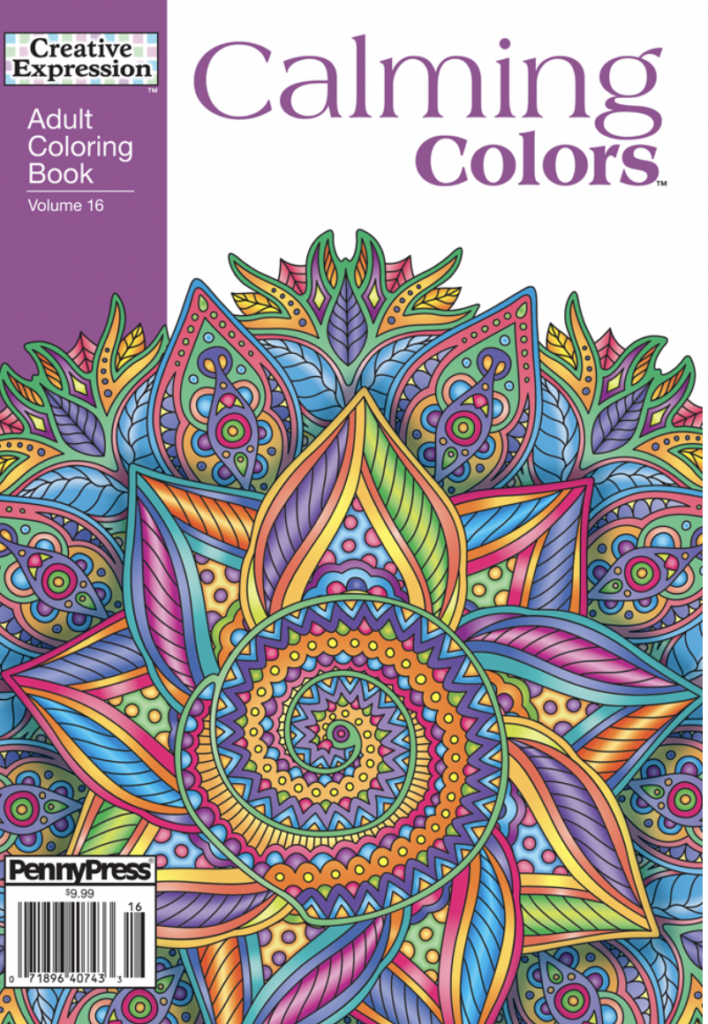 an adult coloring book titled "calming colors"