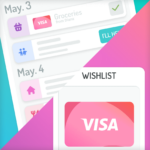a diagonally divided image displaying in one corner a Care Calendar showing a Visa gift card has been sent in support of a Groceries request on May 03. In the other corner a Wishlist shows a Visa gift card. Visa gift cards