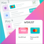 a diagonally divided image displaying in one corner a Care Calendar showing a Mastercard gift card has been sent in support of a Groceries request on May 03. In the other corner a Wishlist shows both visa mastercard gift card