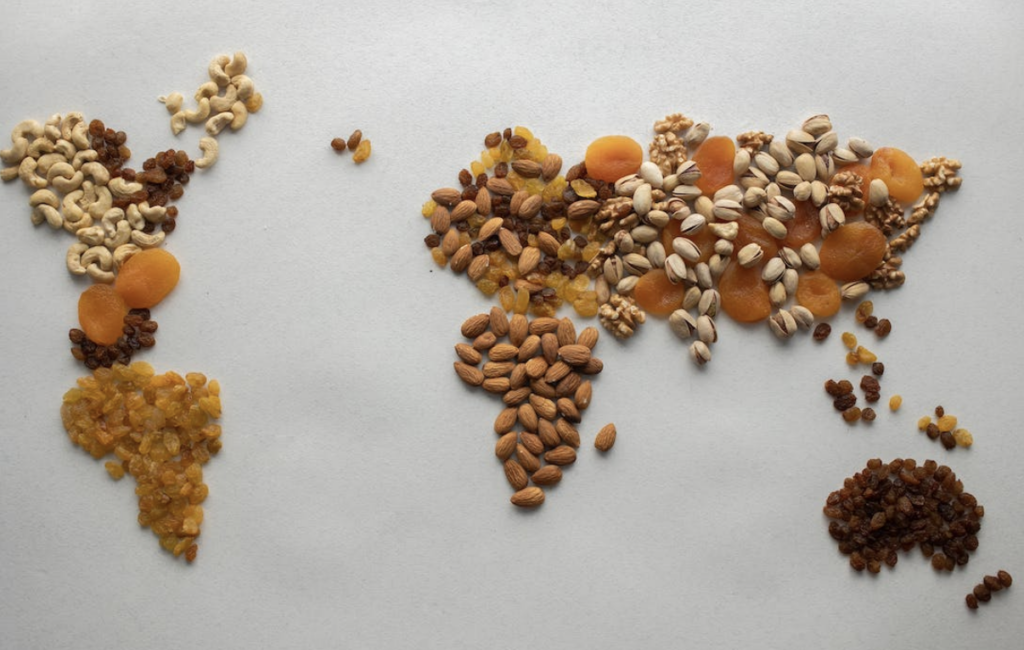 world map made out of fruit and nuts