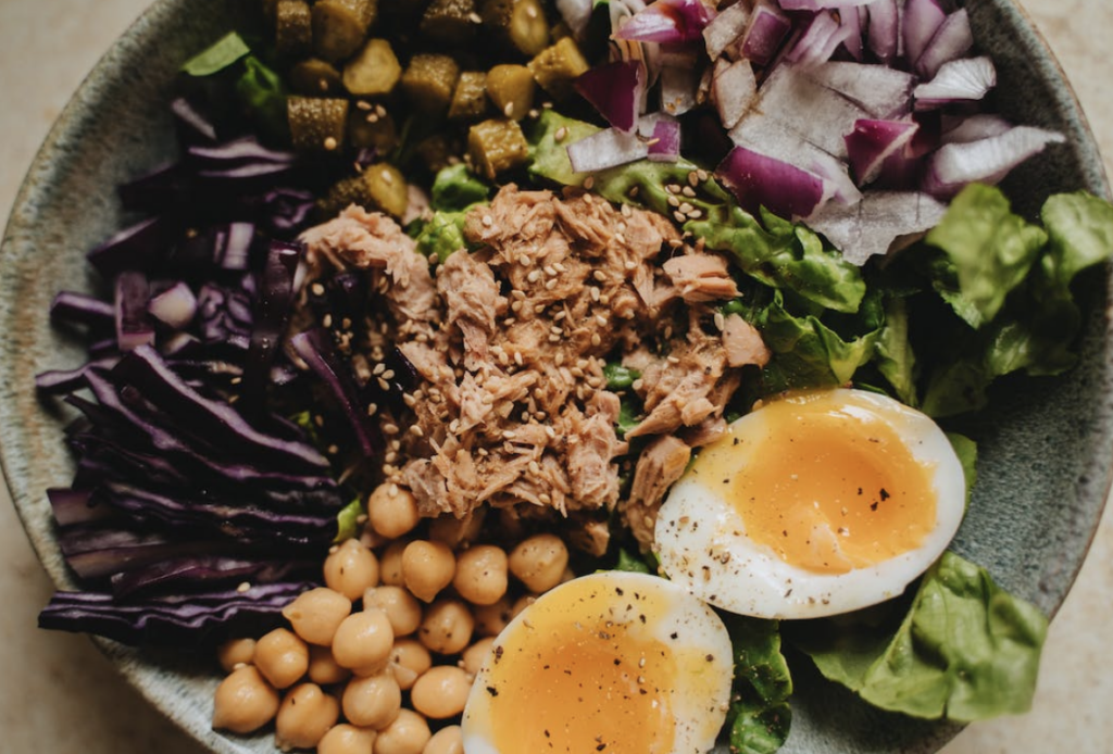 buddha bowl with chickpeas and eggs