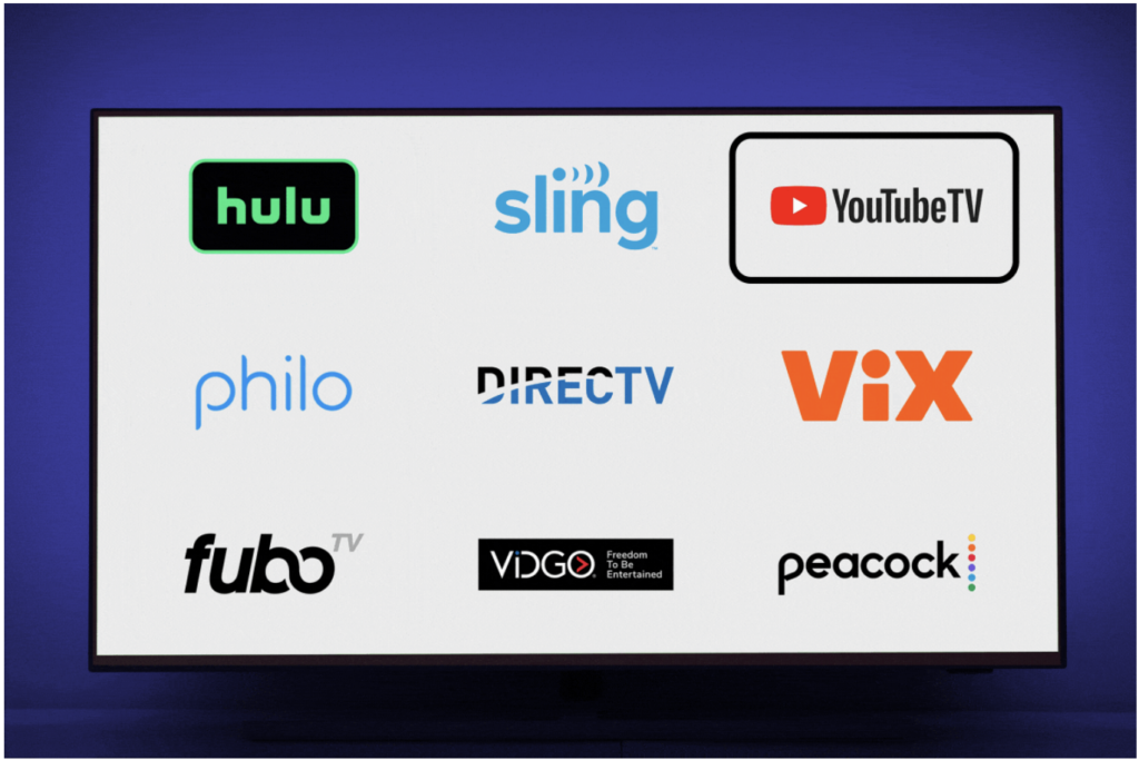 A screen displays logos for various entertainment streaming services: Hulu, Sling, YouTubeTV, Philo, DirecTV, ViX, Fubo, VDGO, and Peacock