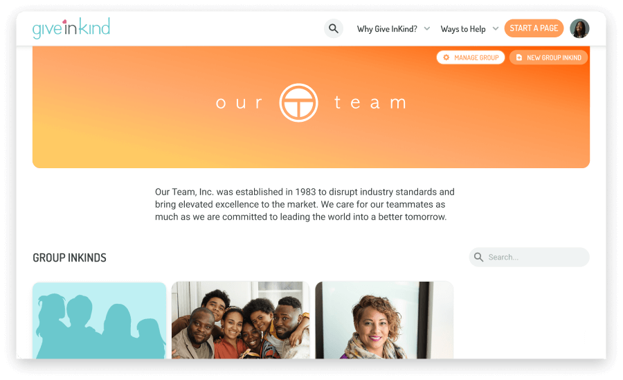 a Give InKind Group page displays the group's logo and three individual InKind Pages in the group. support platform for groups