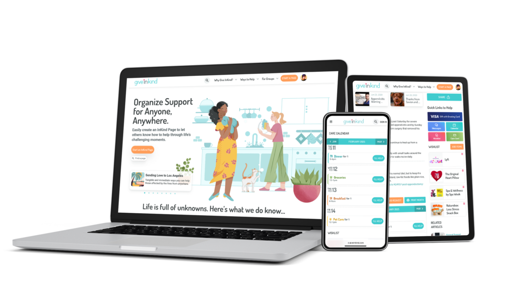 Give InKind's homepage, an InKind Page, and a Care Calendar are all displayed on a laptop computer, a tablet, and a smart phone