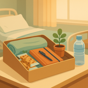 an ai generated "illustration" of a cozy hospital care package in a hospital room. the care package contains a blanket, packaged granola bars, a journal and pen, and a small potted plant